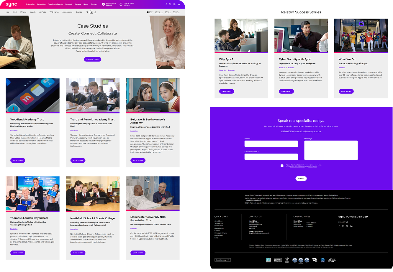 Pictured is one of the final approved case study pages, showing the case study thumbnail blocks, filter option, client testimonial blocks and contact form
