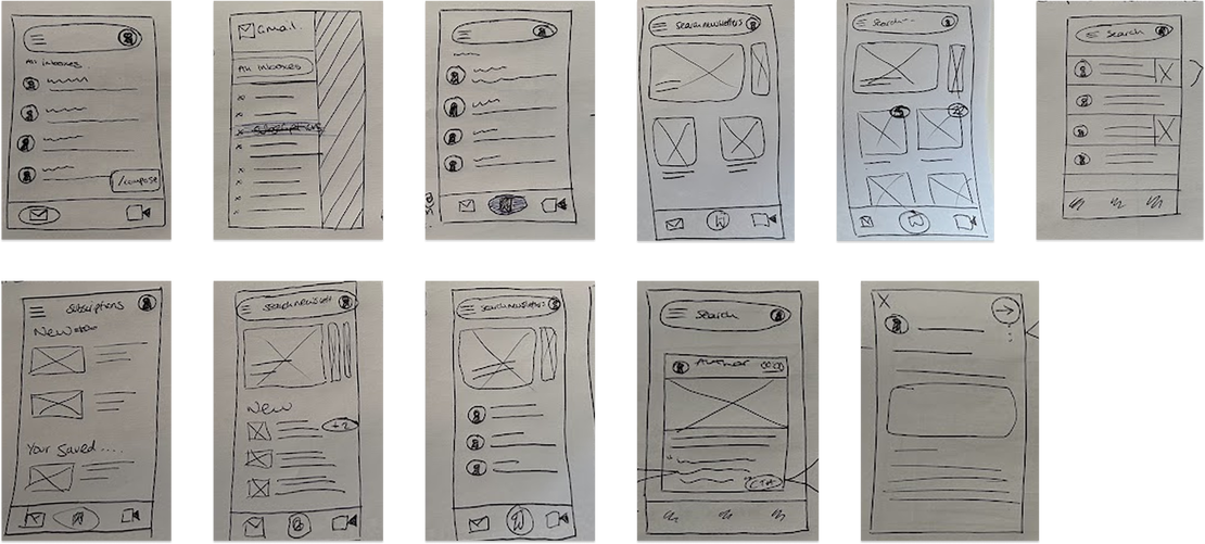 A selection of 8 paper wireframes showing the initial layout